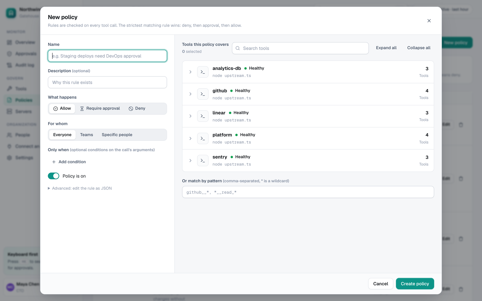The policy editor with a searchable tool picker
